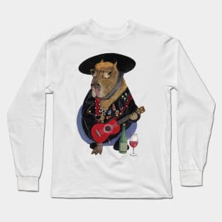 Capybara ukulele player wine lover Long Sleeve T-Shirt